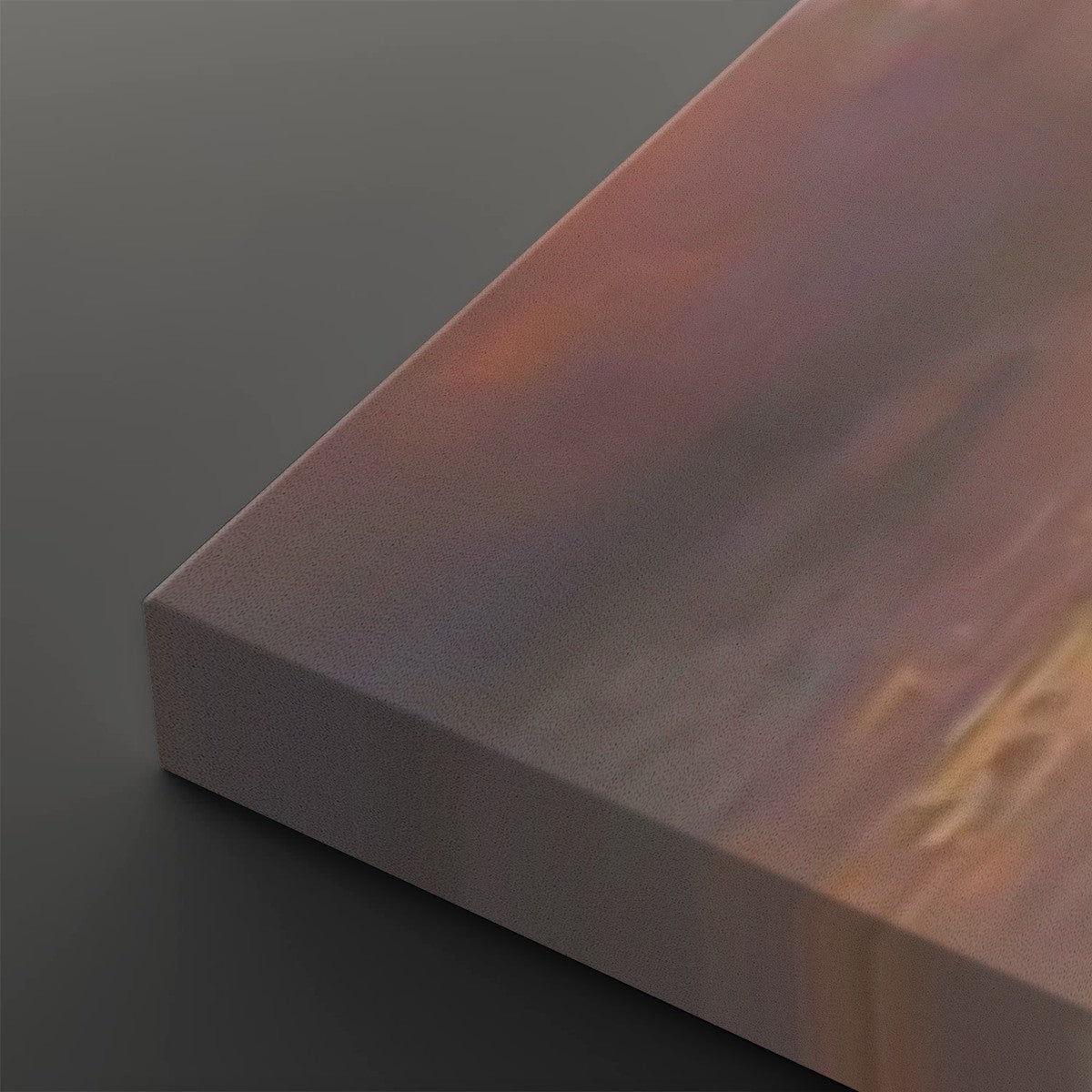 A close-up of a rectangular canvas or panel with a painterly abstract surface in muted purple, peach, and warm brown tones, shown against a dark gray background.