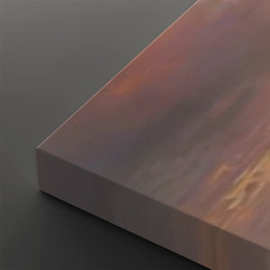 A close-up of a rectangular canvas or panel with a painterly abstract surface in muted purple, peach, and warm brown tones, shown against a dark gray background.