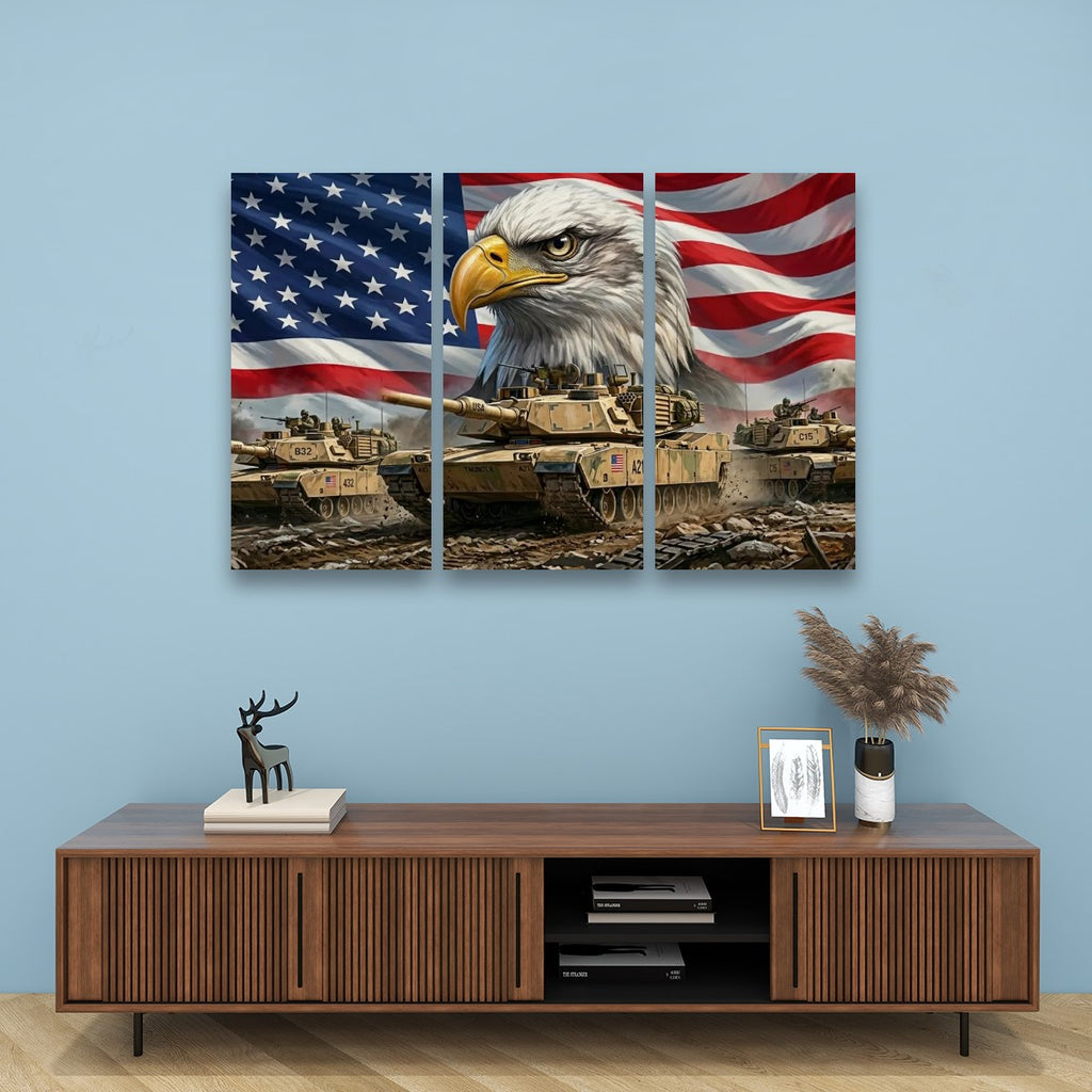 US American Flag Bald Eagle Army Tanks Military Split Canvas Panel Wall Art 1, 3, 5 Panel