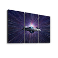 Three-panel canvas wall art showing a futuristic spaceship traveling through a starburst space scene, displayed against a plain white background.