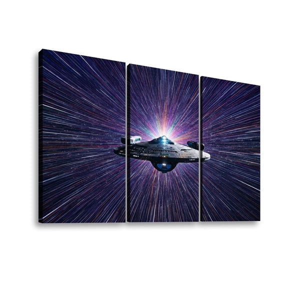 Three-panel canvas wall art showing a futuristic spaceship traveling through a starburst space scene, displayed against a plain white background.