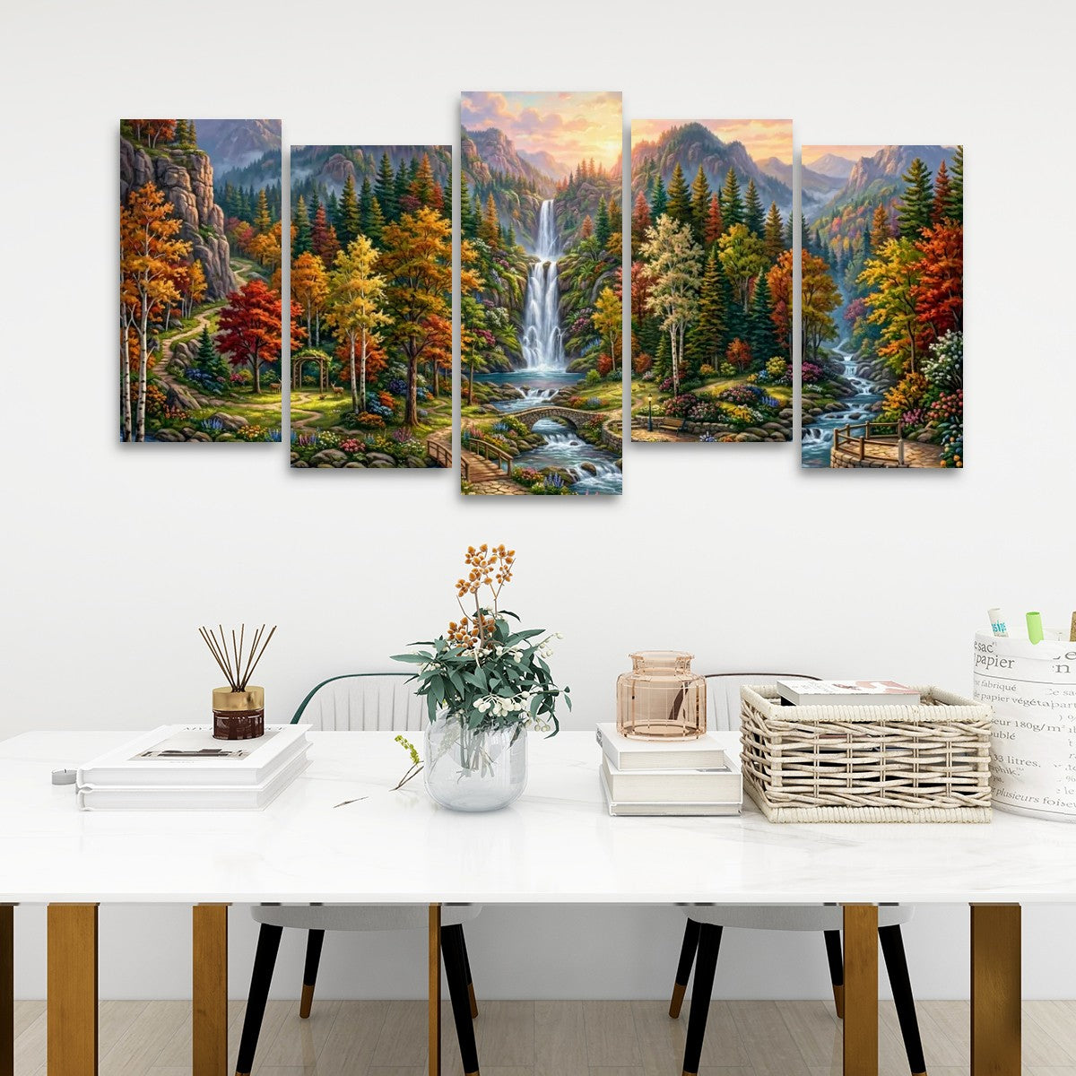 Waterfall Landscape Mountain Multi-Color Scene 5-Panel Canvas Wall Art