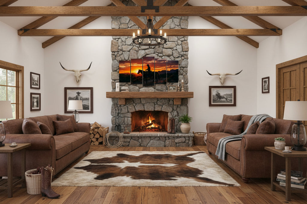 A five-panel canvas wall art set depicting a cowboy riding a horse at sunset, displayed on a white wall above a green tufted sofa in a living room setting.