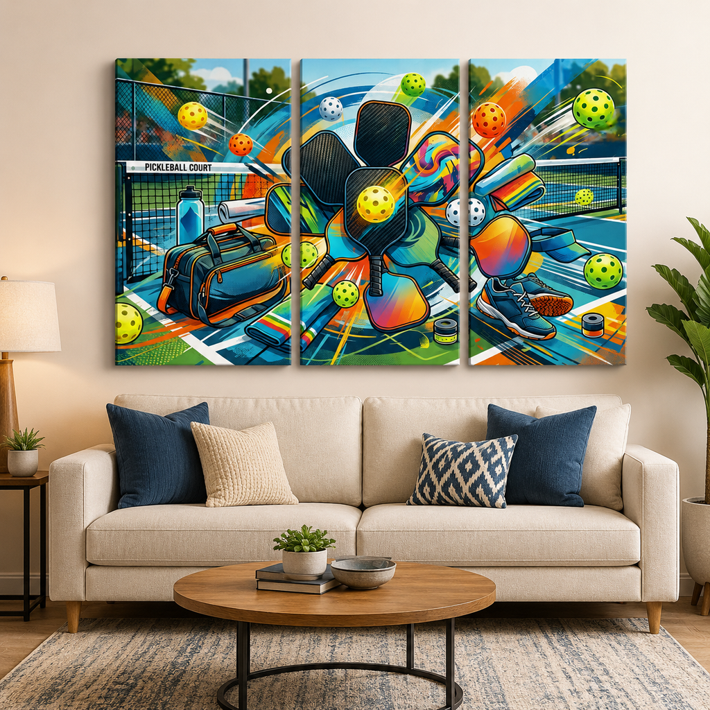A three-panel canvas wall art set depicting a vibrant, colorful abstract pickleball scene, displayed on a beige wall above a modern light beige sofa in a styled living room.
