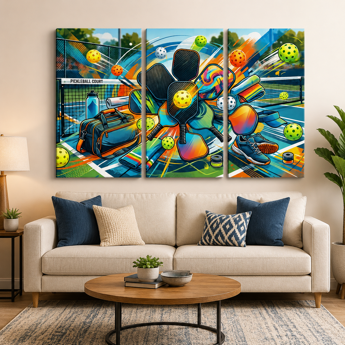 A three-panel canvas wall art set depicting a vibrant, colorful abstract pickleball scene, displayed on a beige wall above a modern light beige sofa in a styled living room.