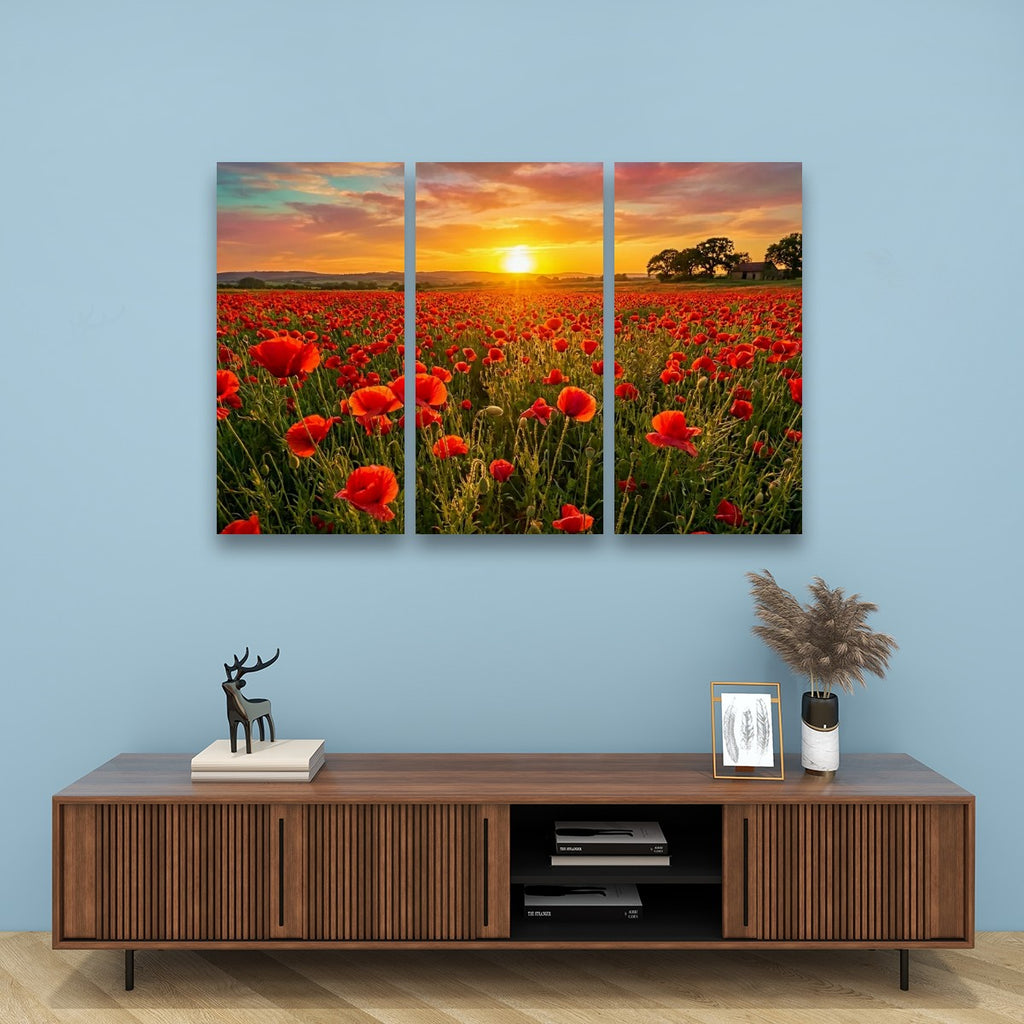 Golden Hour Poppy Field Canvas Wall Art – Fields of Fire | 5-Panel Level Nature Landscape Print