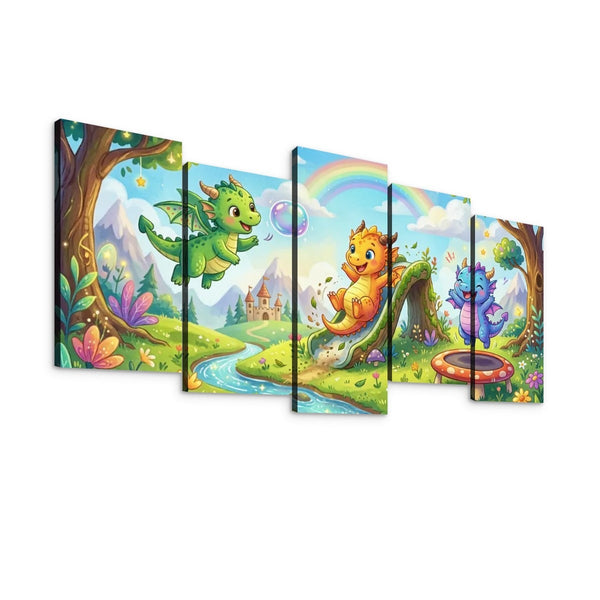 Playful Dragons Canvas Wall Art – Kids Fantasy Print | 1, 3 & 5 Panel Bedroom & Playroom Décor