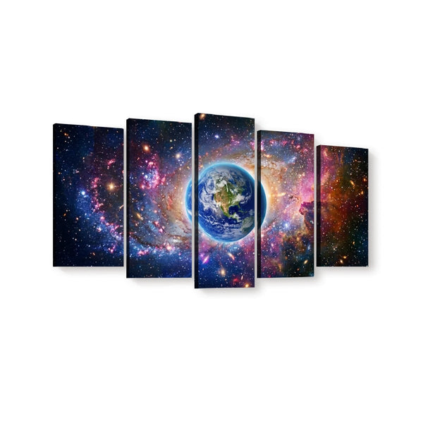 Five-panel canvas wall art showing a colorful outer space scene with Earth at the center, displayed against a plain white background.