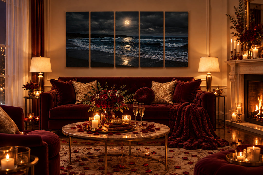 A five-panel canvas wall art set depicting a dramatic night ocean scene with a full moon, displayed above a light wood dining table with woven chairs in a modern dining room setting.