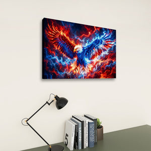 A rectangular wall art print showing a stylized eagle or phoenix with wings rendered in vivid blue and red fiery patterns, displayed on a light wall above a desk with a black lamp and books.