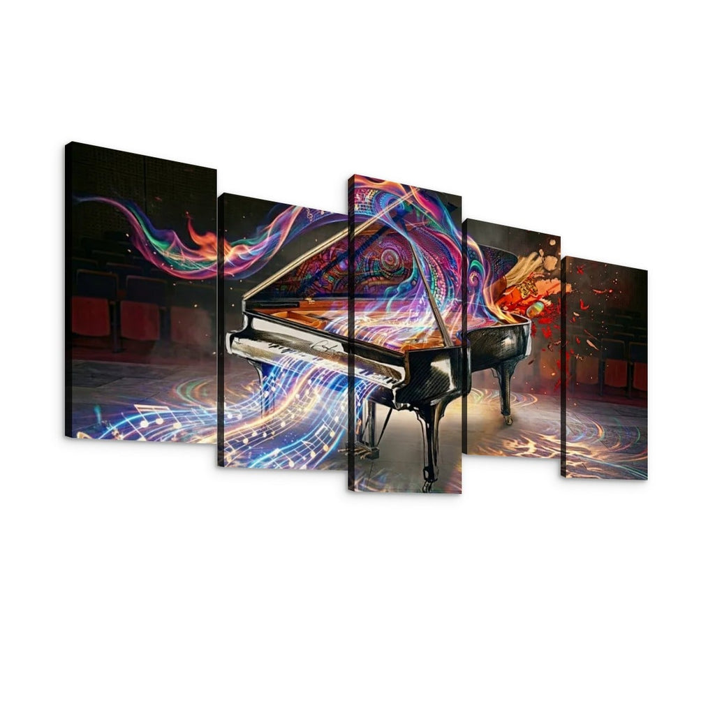 A five-panel canvas wall art set depicting a black grand piano with vivid neon light trails in purple, blue, pink, orange, and red against a dark stage-like background.
