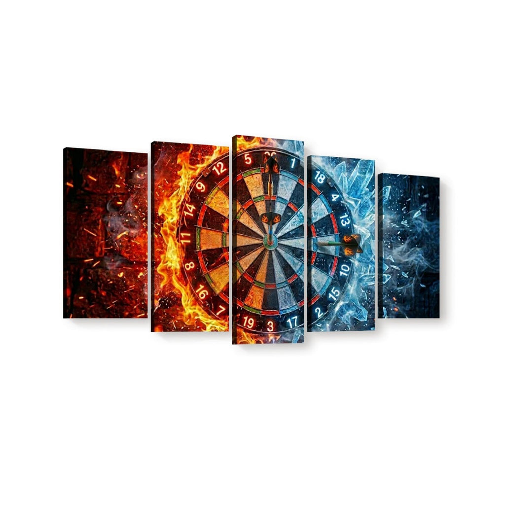 A five-panel canvas wall art set depicting a dartboard split across contrasting fiery red-orange and icy blue sections, shown against a plain white background.