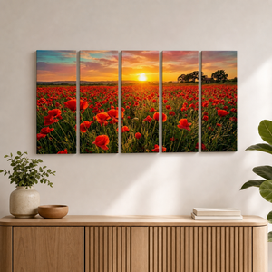 Golden Hour Poppy Field Canvas Wall Art – Fields of Fire | 5-Panel Level Nature Landscape Print