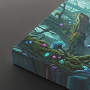 A rectangular canvas print showing a fantasy forest scene with glowing blue and purple mushrooms, mossy branches, and a large tree trunk, photographed at an angle on a dark gray background.
