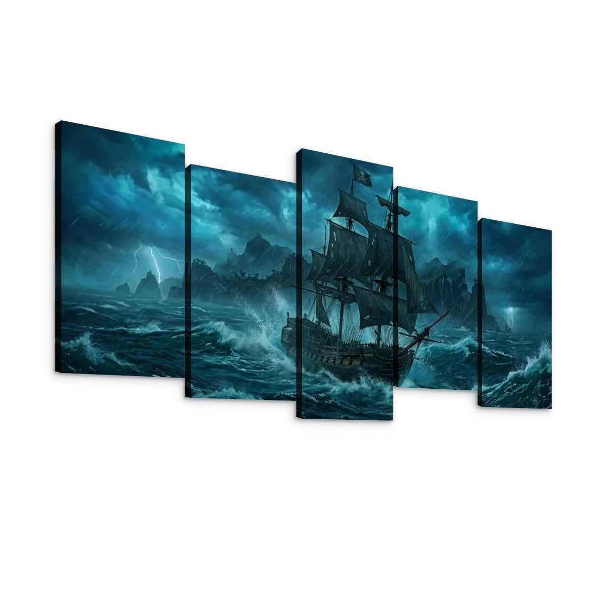 A five-panel canvas wall art set depicting a dark, dramatic seascape with a large sailing ship battling rough blue-green waves under a stormy sky.