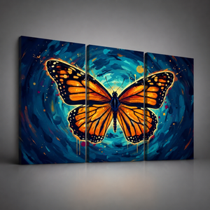 Three-panel canvas wall art featuring a large orange and black butterfly centered against a swirling blue and teal abstract background, shown hanging on a gray wall.