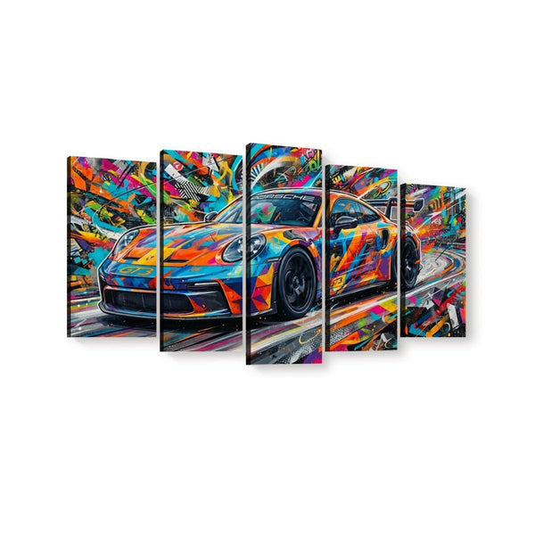 A 5-panel canvas wall art set depicting a colorful, abstract-style sports car on a white background.