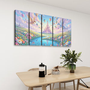 A 4-panel canvas wall art set depicting a whimsical pastel landscape with a castle, hot air balloons, and flying dragons, displayed on a white wall above a dining table with a vase of greenery.