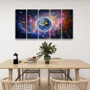 Cosmic Sovereignty – Earth & USA Universe 5-Panel Canvas Wall Art