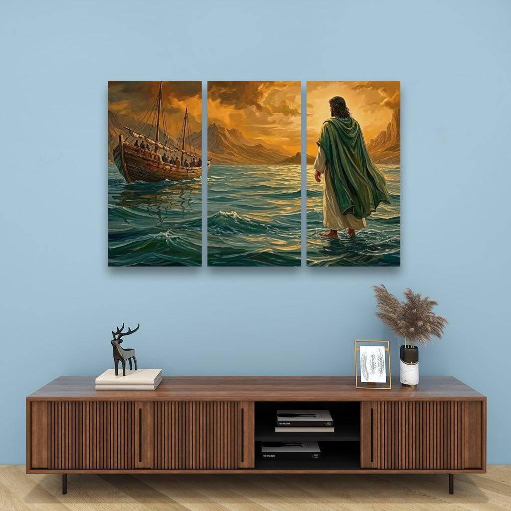 Jesus Walking on Water Stormy Seas Canvas Wall Art | 5-Panel Level & Diamond | 3 & 1 Panel