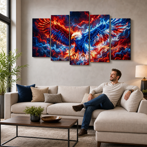 Inferno Eagle Canvas Wall Art – Patriotic Red White & Blue Fire | 5-Panel Level Patriotic Print