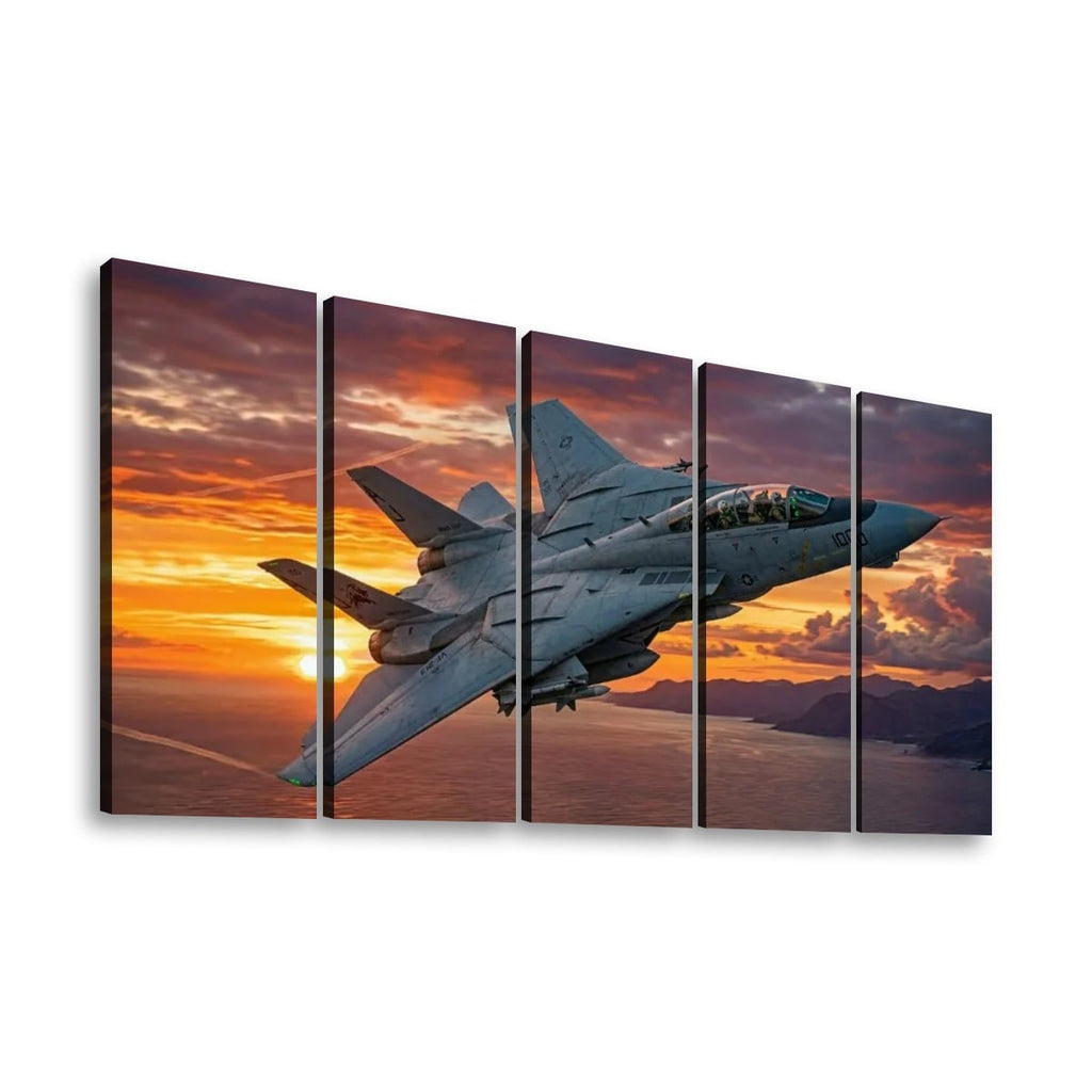 A five-panel canvas wall art set depicting a gray military Grumman F-14 fighter jet flying over a sunset landscape with orange and red clouds.