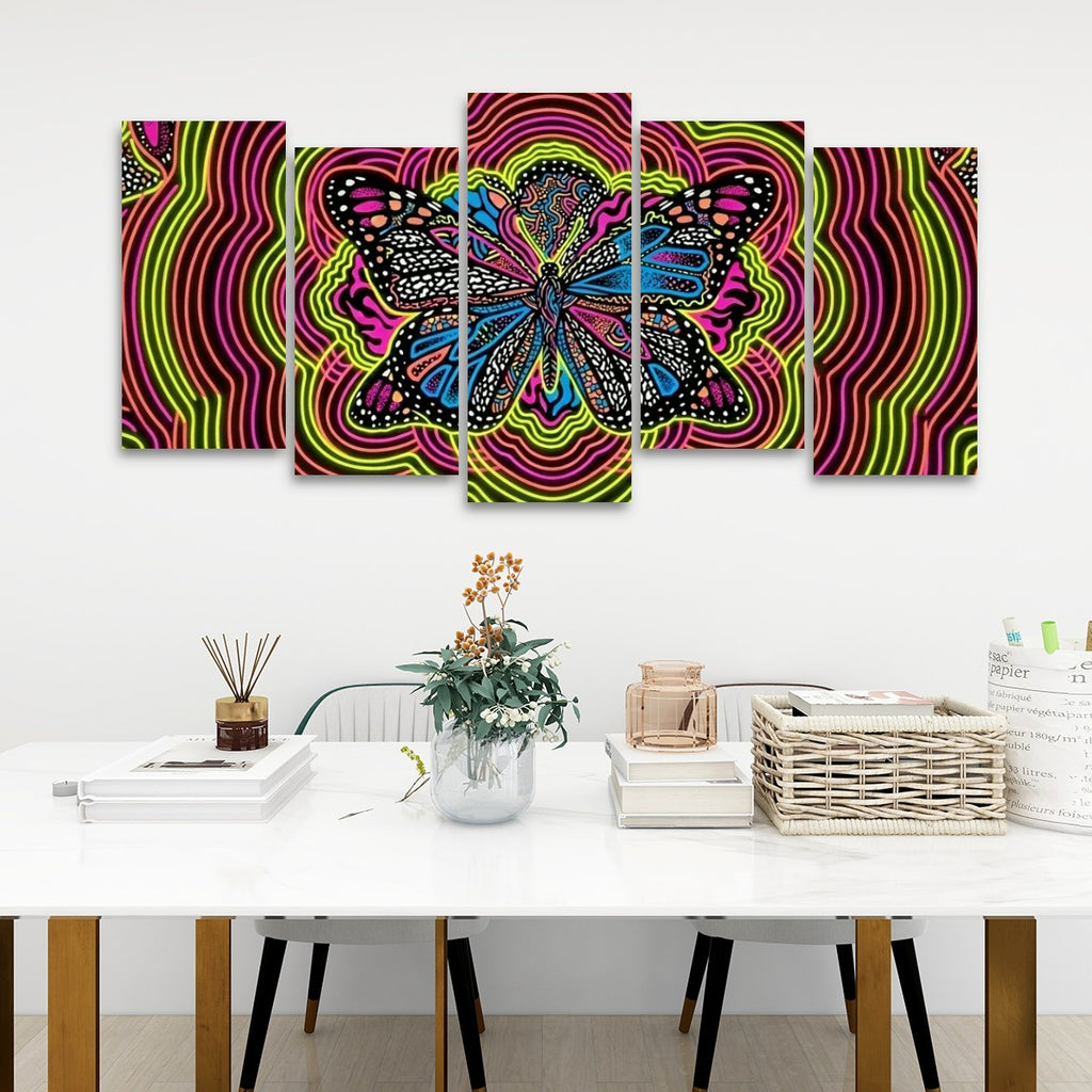 Neon Wings Psychedelic Butterfly Canvas Wall Art – Vibrant Abstract Print | 1, 3 & 5 Panel