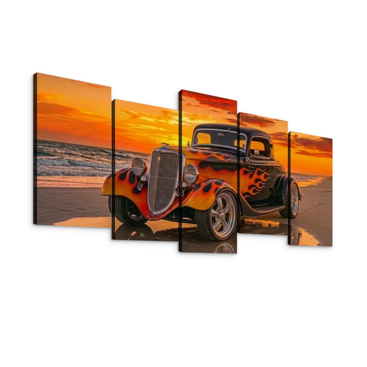 Black Ford Coupe with Flames Sunset Beach Canvas Wall Art