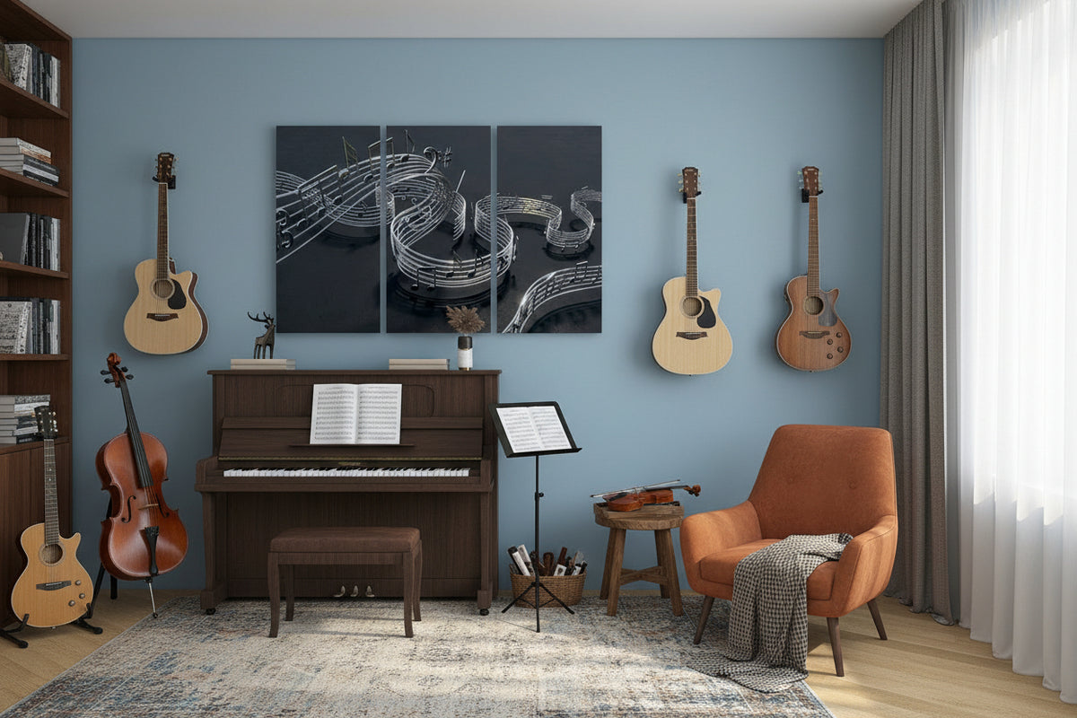 A three-panel canvas wall art print depicting metallic spiral structures on a dark reflective surface, displayed on a light blue wall above a wooden console table with decorative items.
