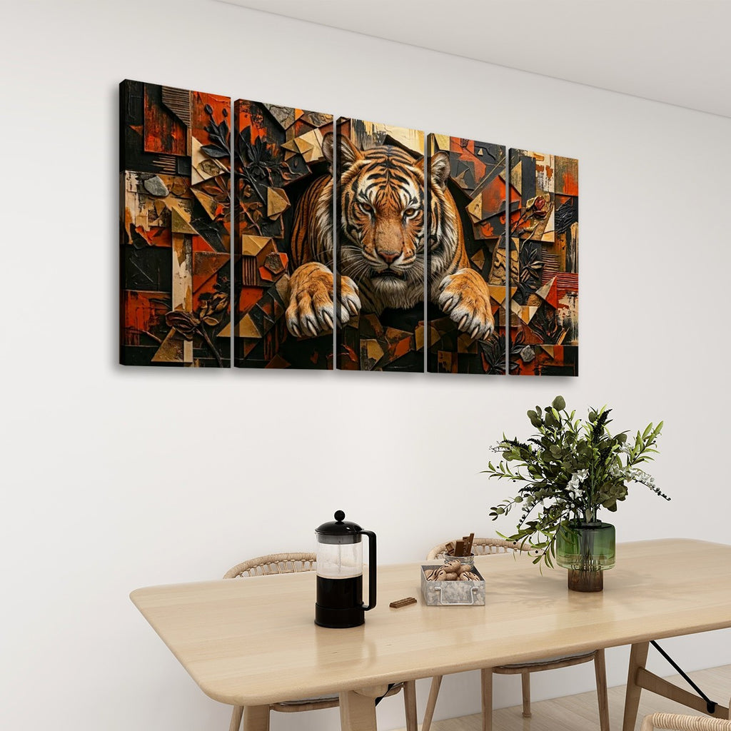 A five-panel canvas wall art set depicting a detailed cubist-style tiger, displayed on a white wall above a light wood dining table with a vase of greenery and a French press.
