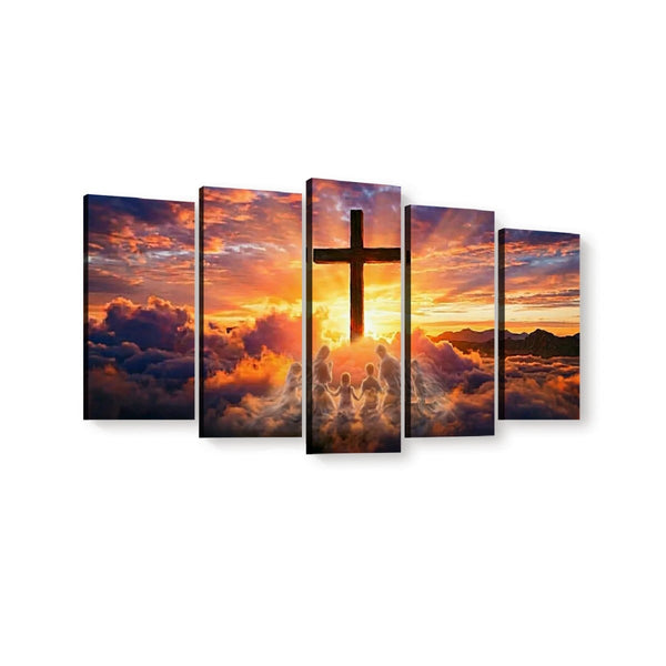 Five-panel canvas wall art showing a dramatic sunset sky with clouds, a large cross silhouette, and small human figures, displayed against a light gray background.