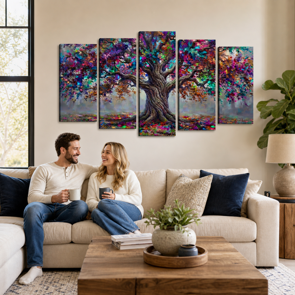 Tree of Life Canvas Wall Art – Spectrum Roots Vibrant Colorful Print | 1, 3 & 5 Panel Living Room Décor