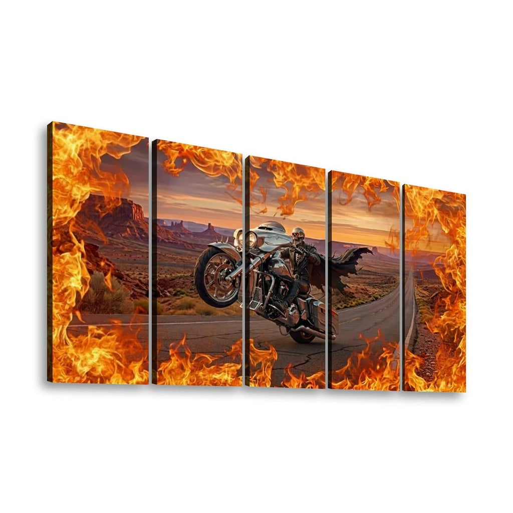 Skeleton Fire Bagger Chrome Motorcycle Tank, Saddlebags w/ Fire Split Canvas Panel Wall Art