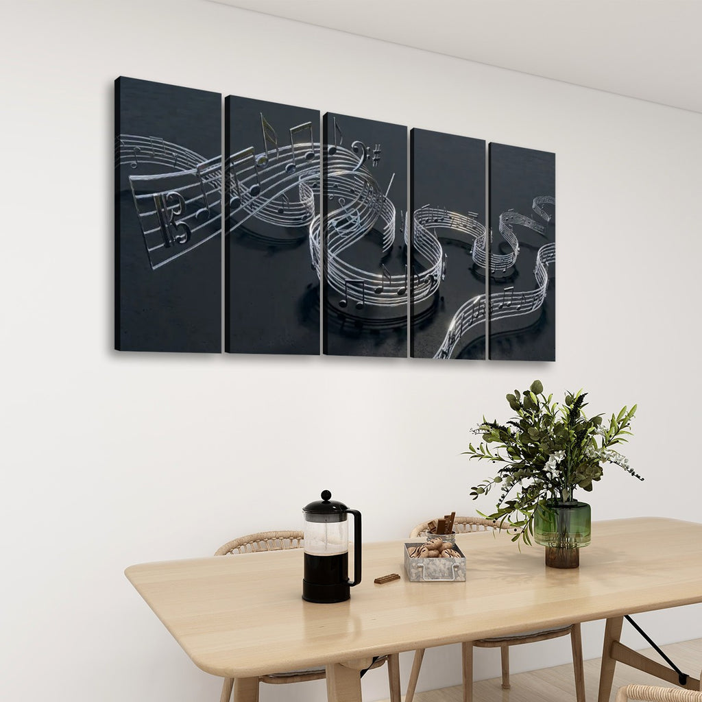 Chrome Musical Notes & Ribbon Split Canvas Panel Wall Art Decor