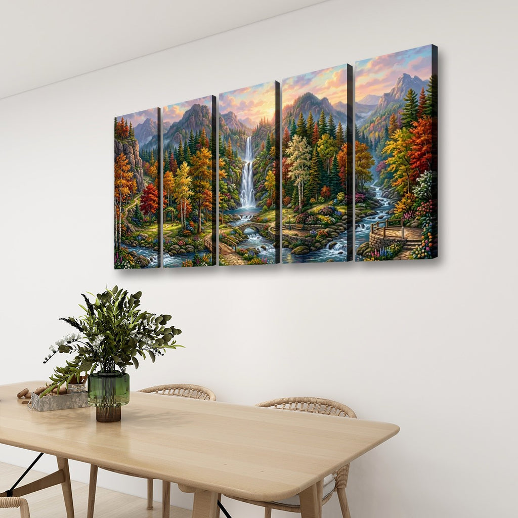 Waterfall Landscape Mountain Multi-Color Scene 5-Panel Canvas Wall Art
