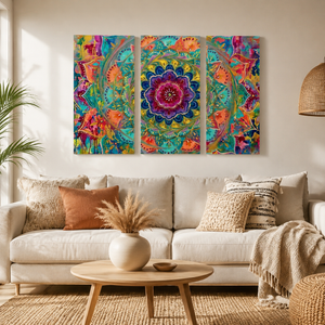 A three-panel abstract wall art set with a vivid mandala and colorful floral motifs, displayed above a beige sofa in a bright, modern living room.