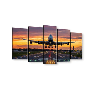 A 5-panel canvas wall art set depicting a commercial airplane on a runway during a dramatic orange and purple sunset sky.