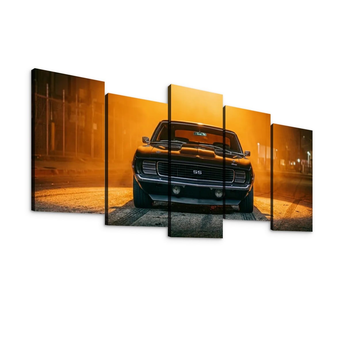 A five-panel canvas wall art set showing a black 1969 RS/SS Chevy Camaro classic muscle car from the front, photographed in a dramatic orange-toned city street scene at night.