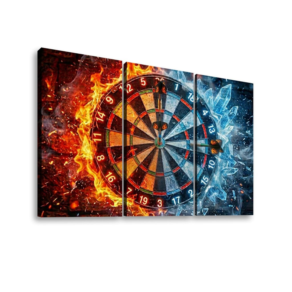 Three-panel canvas wall art showing a dartboard surrounded by dramatic fire on the left and ice on the right, with two darts embedded in the board, displayed against a plain white background.