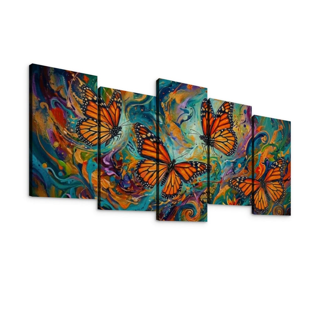 A five-panel canvas wall art set depicting two large orange monarch butterflies over a vividly painted, swirling background of blue, green, yellow, purple, and red tones, shown against a plain white background.