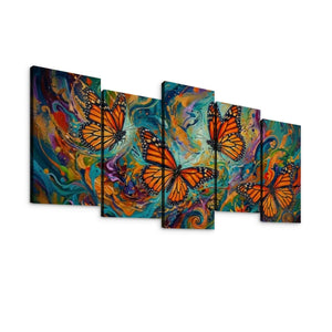 A five-panel canvas wall art set depicting two large orange monarch butterflies over a vividly painted, swirling background of blue, green, yellow, purple, and red tones, shown against a plain white background.