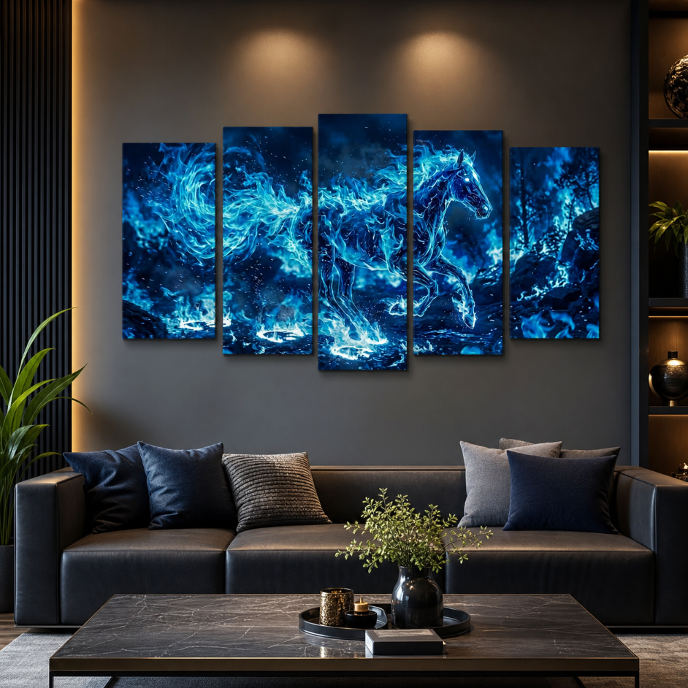 A 5-panel canvas wall art set depicting a glowing blue horse in an abstract cosmic or fluid pattern, displayed above a dark gray sofa in a modern living room setting.