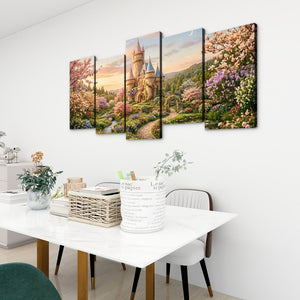 A 5-panel canvas wall art set depicting a whimsical fantasy castle in a lush, colorful garden, displayed on a white wall above a dining table in a modern room setting.