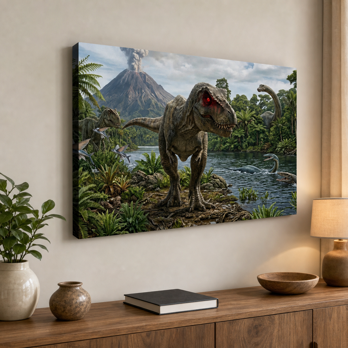 T-Rex & Carnivores Canvas Wall Art – Prehistoric Fury Dinosaur Print | 1, 3 & 5 Panel Kids & Game Room