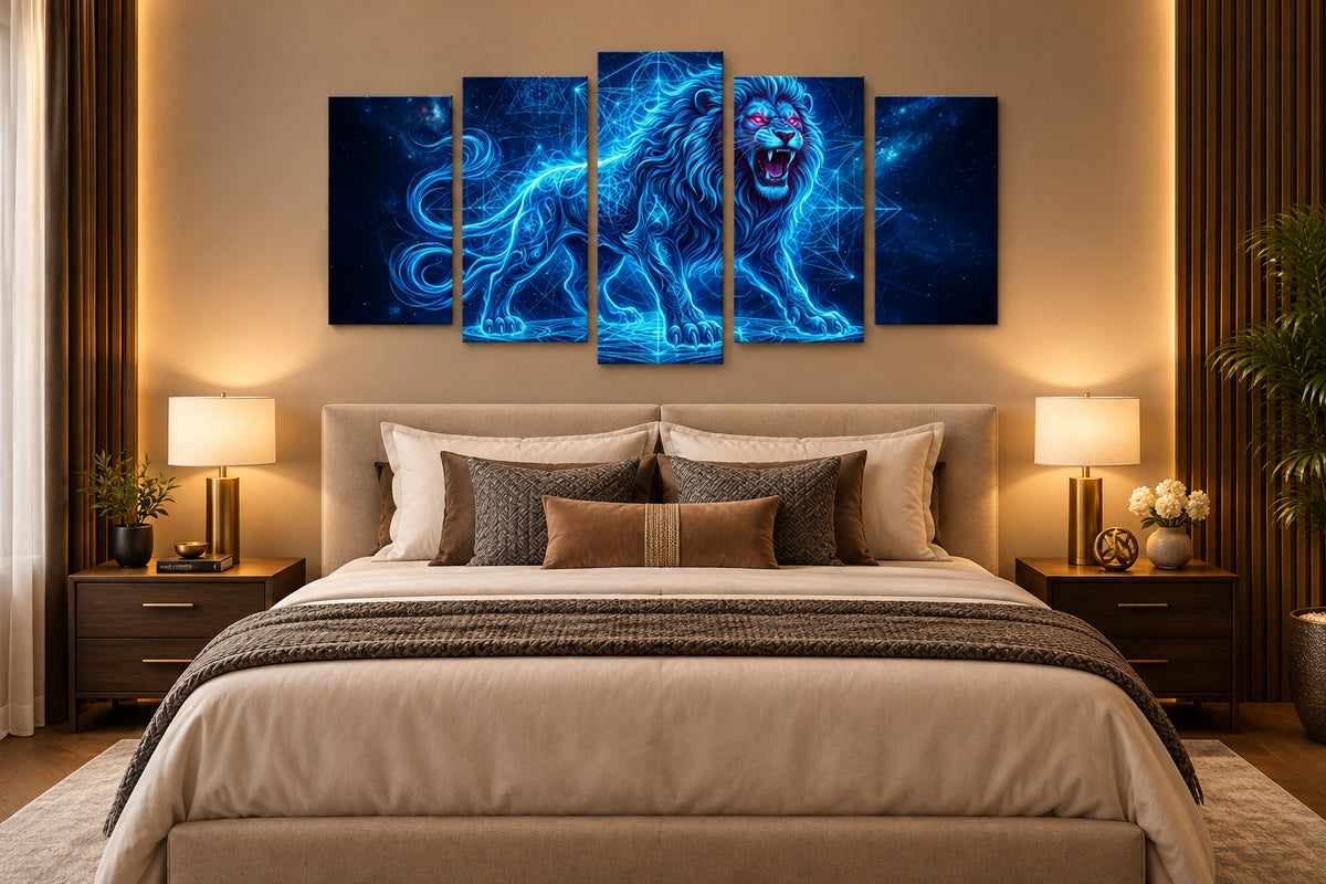 A 5-panel canvas wall art set depicting a glowing blue neon lion in a cosmic space background.