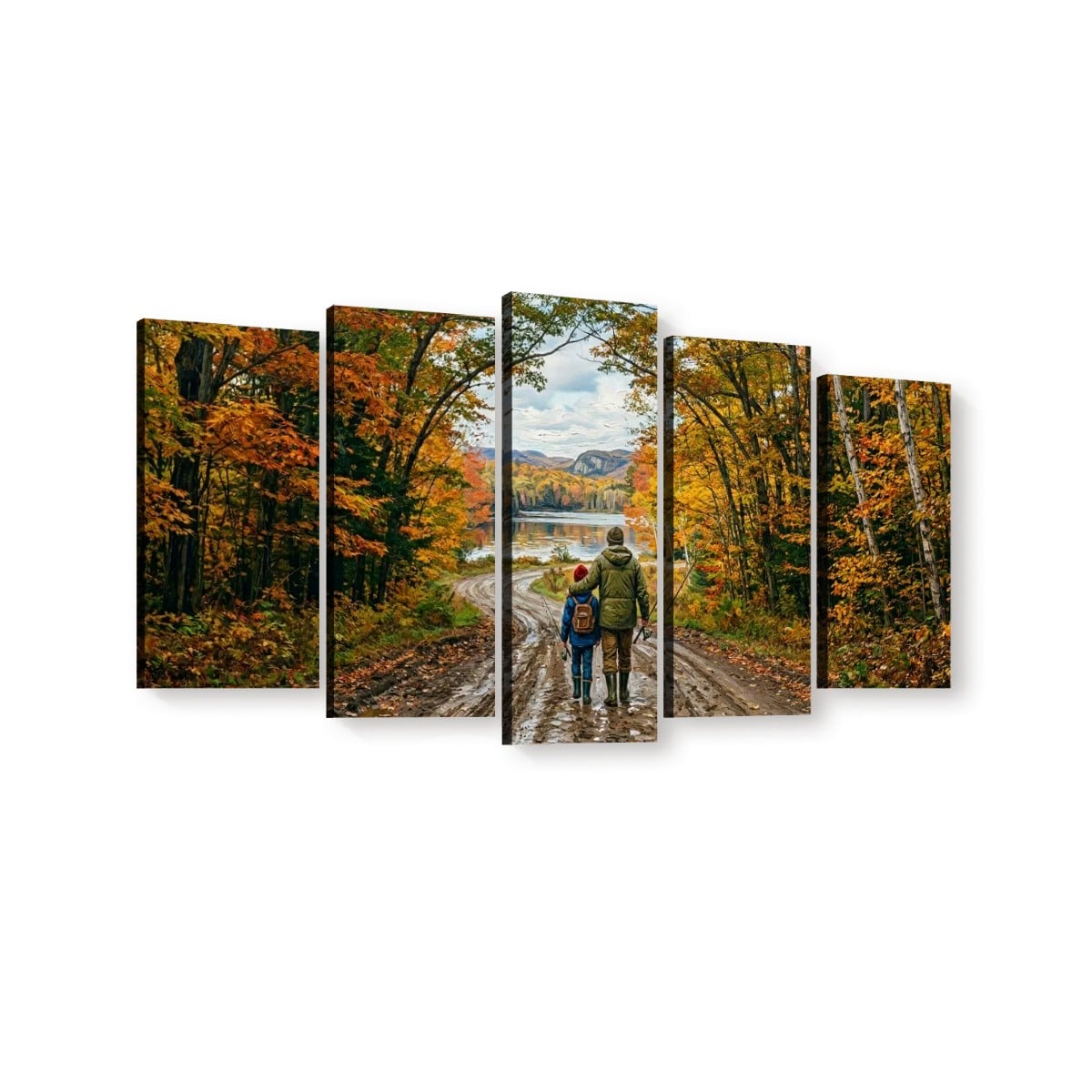Five-panel canvas wall art showing a couple walking away on a dirt road through an autumn forest toward a lake and mountains, displayed against a plain white background.
