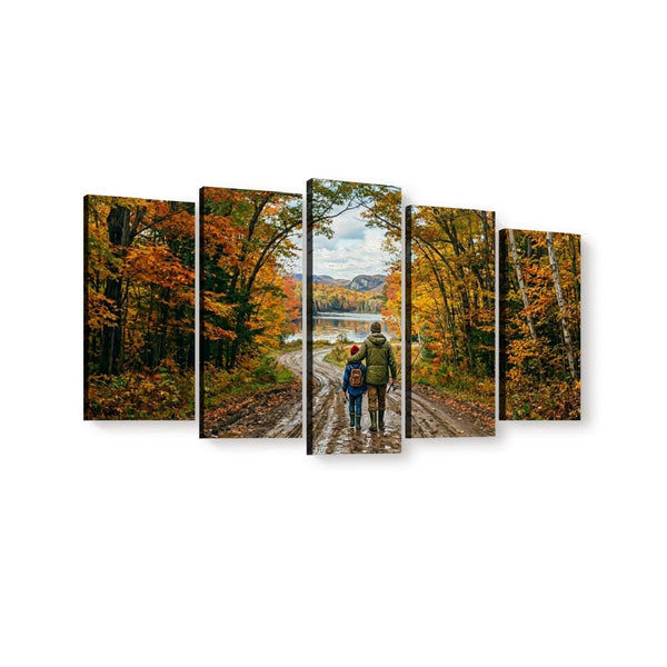 Five-panel canvas wall art showing a couple walking away on a dirt road through an autumn forest toward a lake and mountains, displayed against a plain white background.
