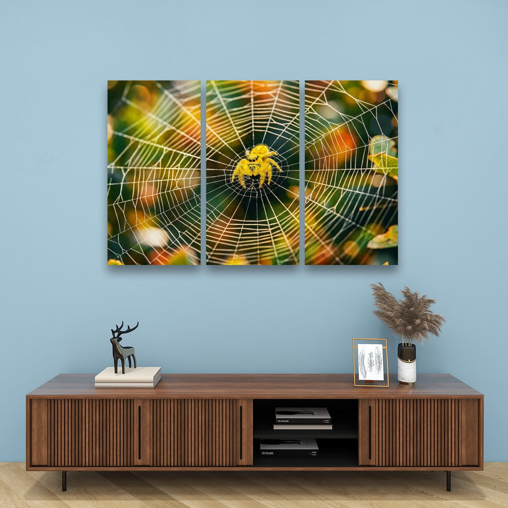 A three-panel canvas wall art set depicting a yellow spider in a detailed web, displayed on a light blue wall above a wooden console table with decorative items.