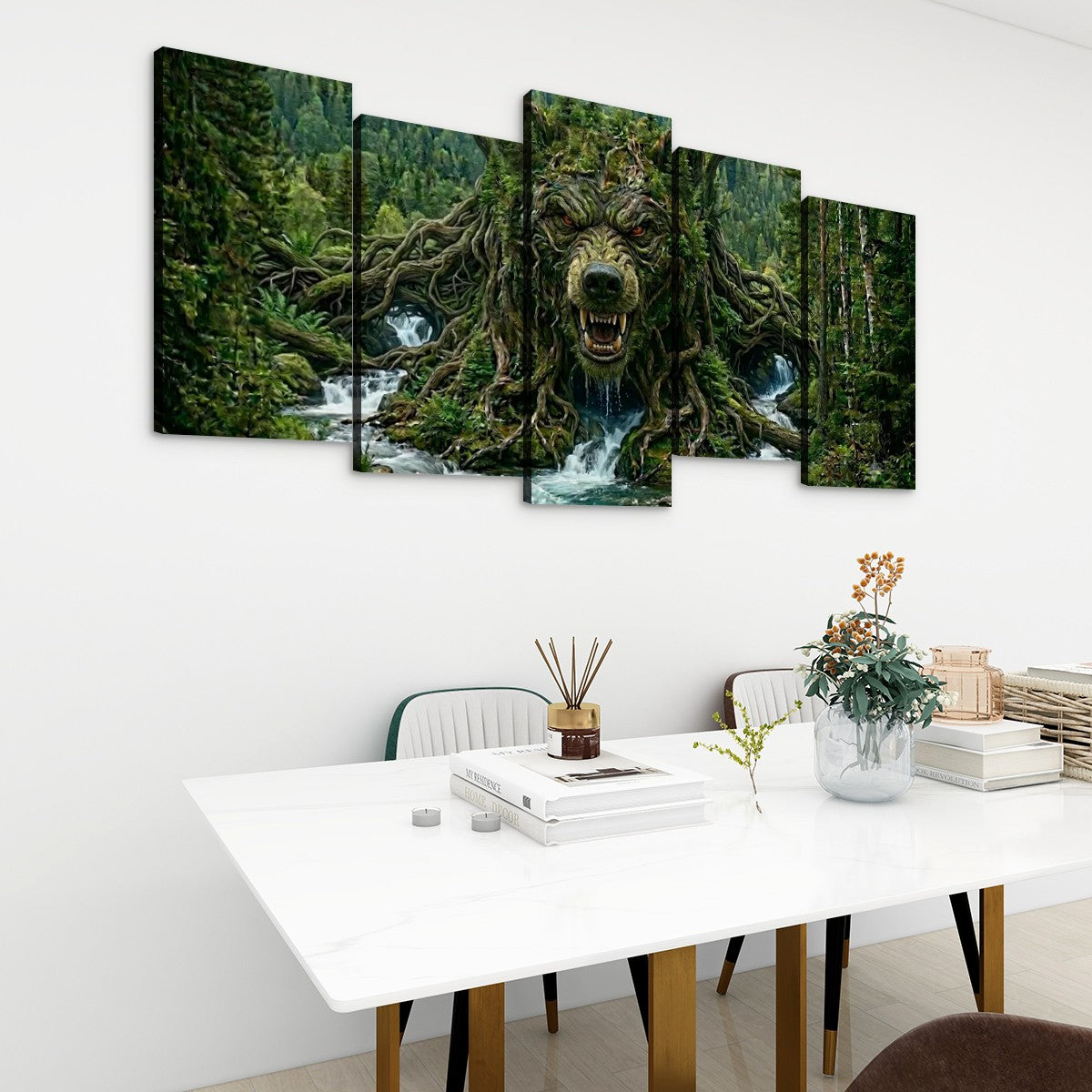 A 5-panel canvas wall art set depicting a giant tree-like wolf head in a lush green forest with waterfalls, displayed on a white wall above a dining table in a modern room setting.