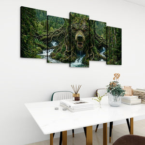 A 5-panel canvas wall art set depicting a giant tree-like wolf head in a lush green forest with waterfalls, displayed on a white wall above a dining table in a modern room setting.